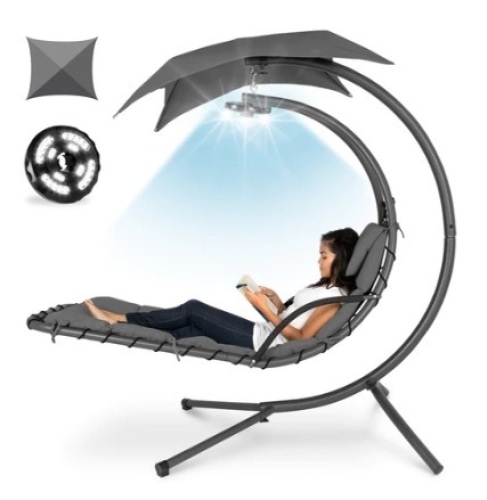 Hanging LED-Lit Curved Chaise Lounge Chair w/ Pillow, Canopy, Stand, Gray - Lot 357