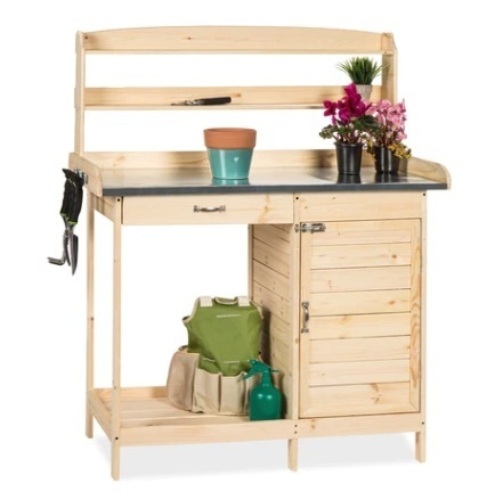 Garden Wooden Potting Bench w/ Metal Table Top - Natural - Lot 360