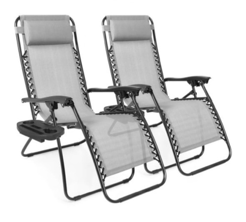 Set of 2 Adjustable Zero Gravity Patio Chair Recliners w/ Cup Holders, Ice Gray - Lot 380