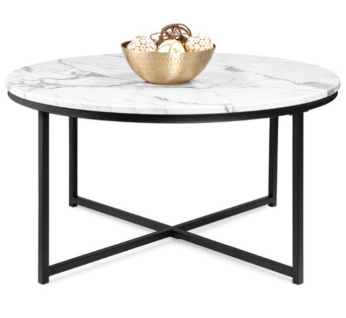 Round Coffee Table w/ Faux Marble Top, Metal Frame - 36in, Black - Lot 393
