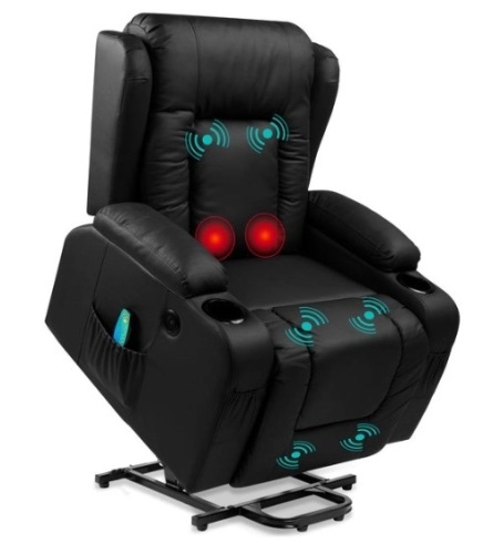 Electric Power Lift Recliner Massage Chair w/ Heat, USB Port, Cupholders, Black - Lot 394