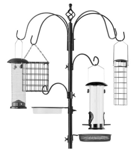Bird Feeding Station, 6-Hook Steel Multi-Feeder Stand w/ 4 Feeders - 89in, Black - Lot 396