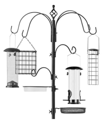 Bird Feeding Station, 6-Hook Steel Multi-Feeder Stand w/ 4 Feeders - 89in, Black - Lot 398