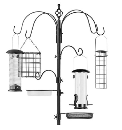 Bird Feeding Station, 6-Hook Steel Multi-Feeder Stand w/ 4 Feeders - 89in, Black - Lot 399