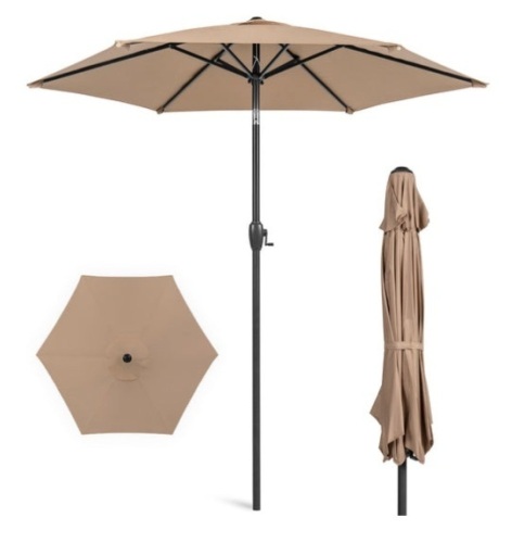 Outdoor Market Patio Umbrella w/ Push Button Tilt, Crank Lift - 7.5ft, Tan - Lot 409