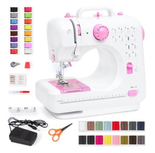 6V Portable Foot Pedal Sewing Machine w/ 12 Stitch Patterns, Pink/White - Lot 412