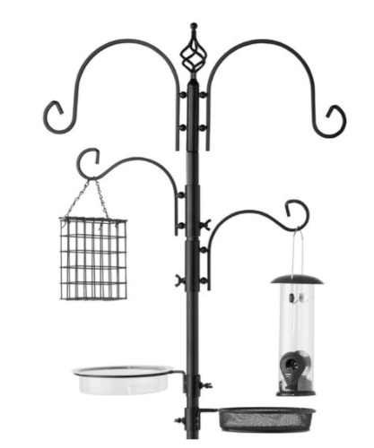 4-Hook Bird Feeding Station, Steel Feeder Stand w/ 2 Bird Feeders - 91in, Black - Lot 415