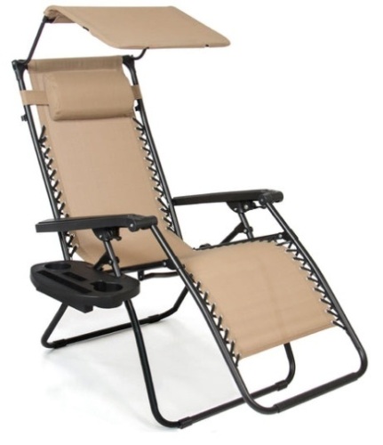 Folding Zero Gravity Recliner Patio Lounge Chair w/ Canopy, Side Tray, Beige  - Lot 422