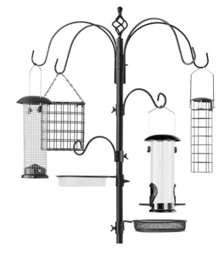 Bird Feeding Station, 6-Hook Steel Multi-Feeder Stand w/ 4 Feeders - 89in, Black - Lot 426