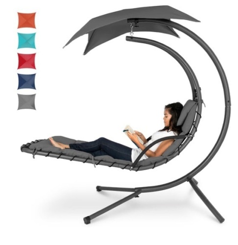 Hanging Curved Chaise Lounge Chair w/ Built-In Pillow, Removable Canopy, Charcoal Gray - Lot 429