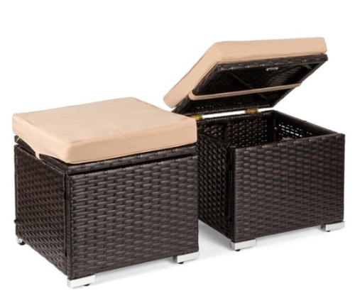 Set of 2 Wicker Ottomans, Multipurpose w/ Removable Cushions, Steel Frame, Brown/Beige - Lot 437