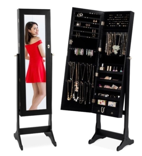 Full Length Standing Jewelry Mirror Armoire w/ Velvet Interior, Black - Lot 454