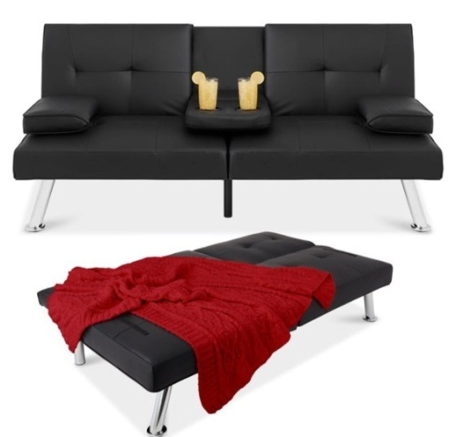 Faux Leather Upholstered Convertible Sofa Bed Futon w/ 2 Cupholders, Black - Lot 456
