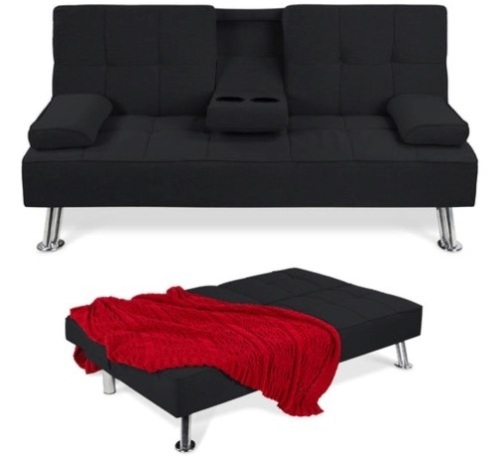 Linen Upholstered Convertible Sofa Bed Futon w/ 2 Cupholders, Black - Lot 457