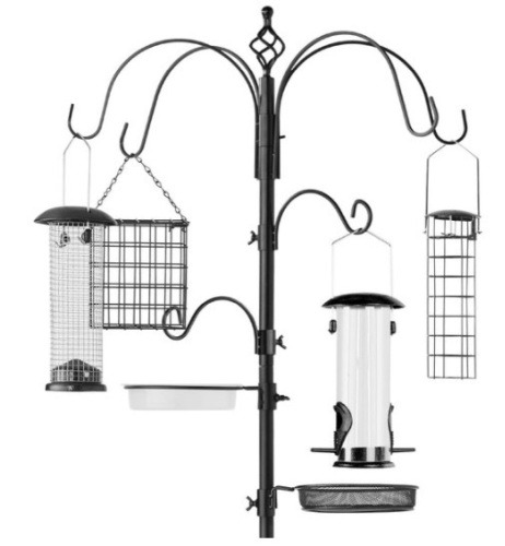 Bird Feeding Station, 6-Hook Steel Multi-Feeder Stand w/ 4 Feeders - 89in, Black - Lot 465