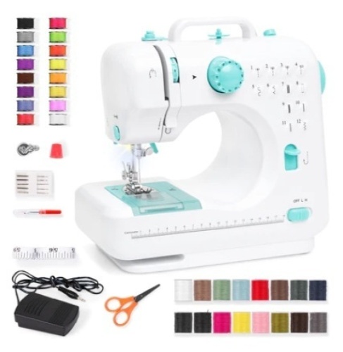 6V Portable Foot Pedal Sewing Machine w/ 12 Stitch Patterns, Teal & White - Lot 486