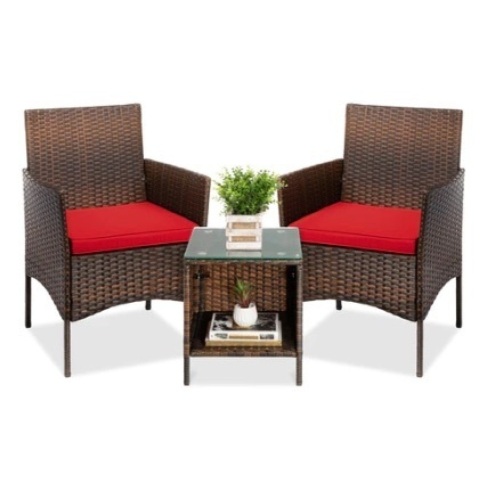 3-Piece Outdoor Patio Wicker Bistro Set w/ Side Storage Table, Brown/Red - Lot 490
