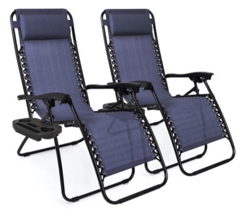 Set of 2 Adjustable Zero Gravity Patio Chair Recliners w/ Cup Holders, Blue - Lot 491