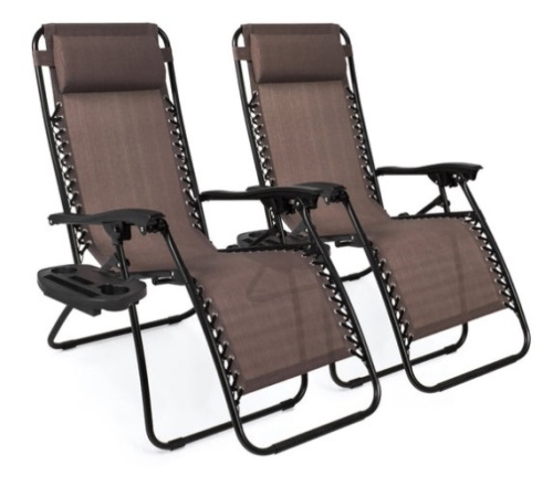 Set of 2 Adjustable Zero Gravity Patio Chair Recliners w/ Cup Holders, Brown  - Lot 492