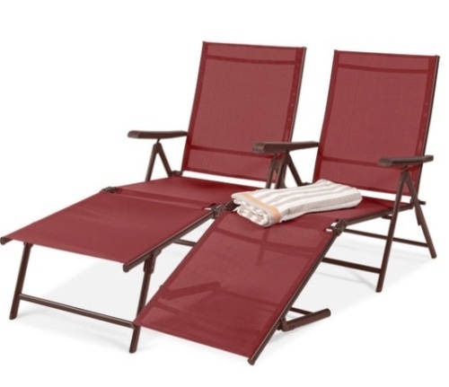 Set of 2 Outdoor Patio Chaise Recliner Lounge Chairs w/ Rust-Resistant Frame, Red - Lot 502