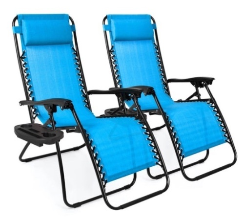 Set of 2 Adjustable Zero Gravity Patio Chair Recliners w/ Cup Holders, Aqua Blue - Lot 541