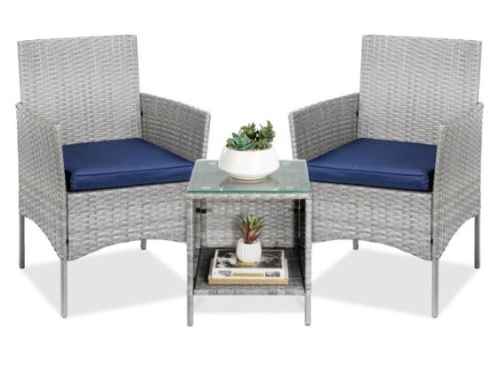 3-Piece Outdoor Patio Wicker Bistro Set w/ Side Storage Table, Gray/Navy - Lot 543