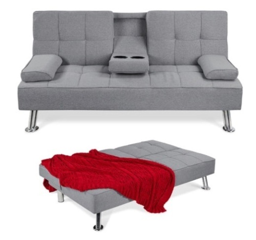 Linen Upholstered Convertible Sofa Bed Futon w/ 2 Cupholders, Gray - Lot 544