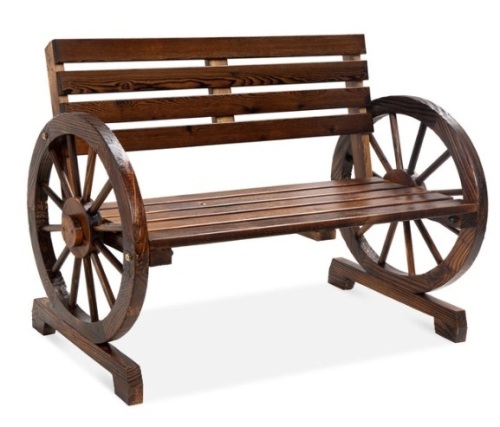 2-Person Rustic Wooden Wagon Wheel Bench w/ Slatted Seat and Backrest - Lot 545