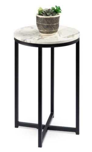 Round Coffee Side Table w/ Faux Marble Top, Metal Frame - 16in, White/Matte Black - Lot 547