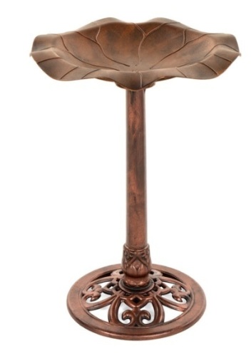 Lily Leaf Pedestal Bird Bath Decoration Accent w/ Floral Accents, Copper - Lot 553