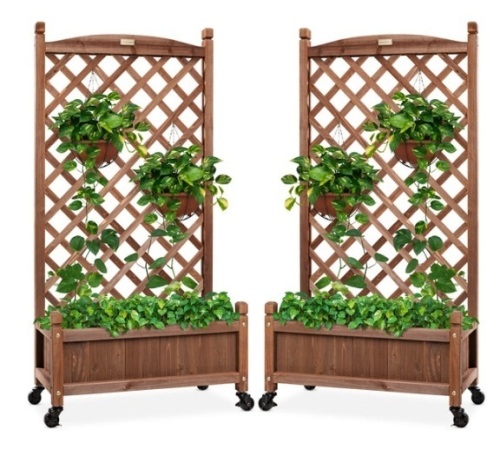 Set of 2 Wood Planter Box & Lattice Trellis w/ Optional Wheels - 48in - Lot 565