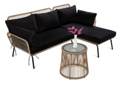 Rope Woven Sectional, L-Shape Sofa Set w/ Detachable Lounger, Table, Natural/Black - Lot 566