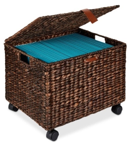 Mobile Water Hyacinth Rolling Filing Cabinet Storage Basket w/ Lid, Wheels, Brown - Lot 570