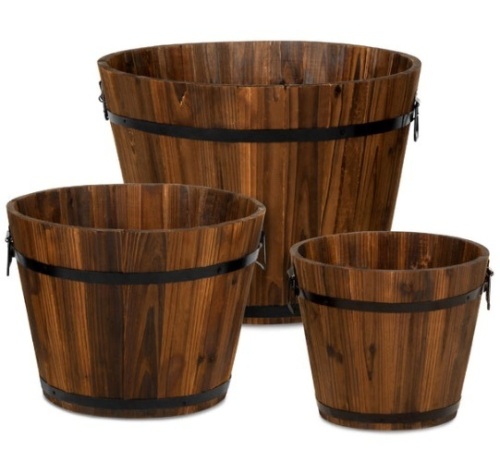 Set of 3 Rustic Wood Bucket Barrel Garden Planters Set w/ Drainage Holes - Lot 572
