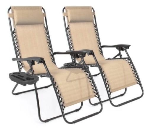 Set of 2 Adjustable Zero Gravity Patio Chair Recliners w/ Cup Holders, Sand - Lot 573