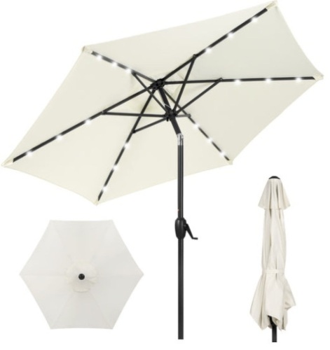 Outdoor Solar Patio Umbrella w/ Push Button Tilt, Crank Lift - 7.5ft, Cream - Lot 575