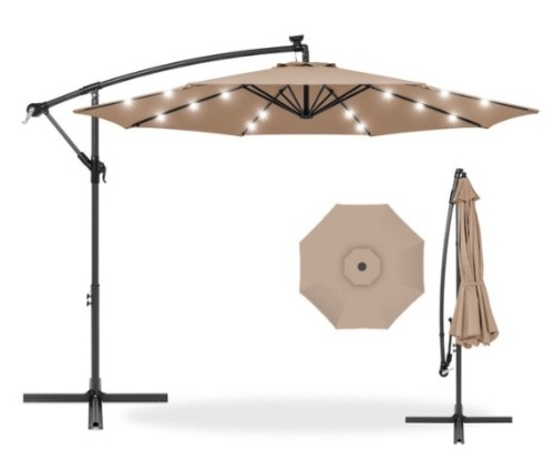 Solar LED Offset Hanging Patio Umbrella w/ Crank Tilt Adjustment - 10ft, Tan - Lot 587