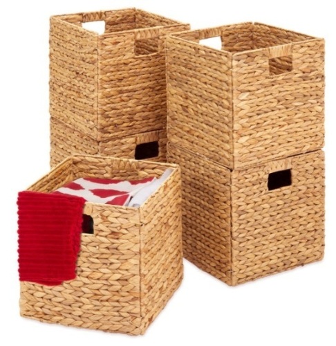Set of 5 Collapsible Hyacinth Storage Baskets w/ Inserts - 10.5x10.5in, Natural - Lot 589