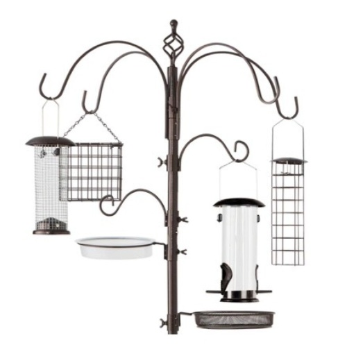 Bird Feeding Station, 6-Hook Steel Multi-Feeder Stand w/ 4 Feeders - 89in, Bronze - Lot 592