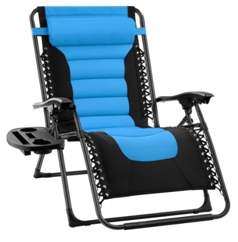 Oversized Padded Zero Gravity Chair, Folding Recliner w/ Headrest, Side Tray, Sky Blue - Lot 605