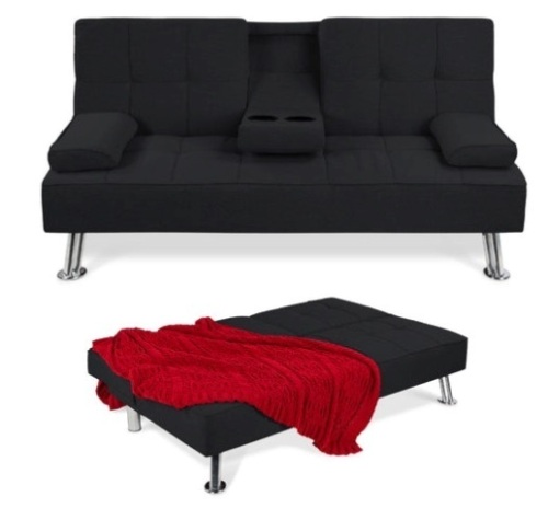 Linen Upholstered Convertible Sofa Bed Futon w/ 2 Cupholders, Black - Lot 607