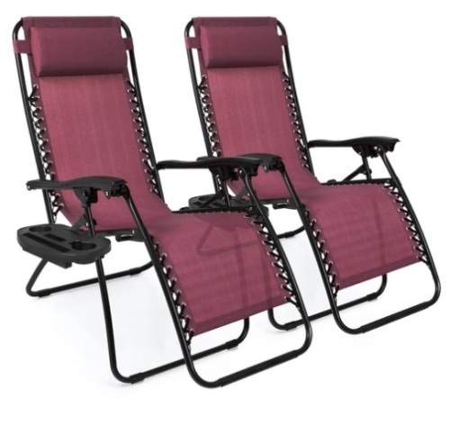 Set of 2 Adjustable Zero Gravity Patio Chair Recliners w/ Cup Holders, Burgundy - Lot 610