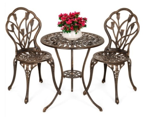 3-Piece Cast Aluminum Patio Bistro Furniture Set, Brown - Lot 611