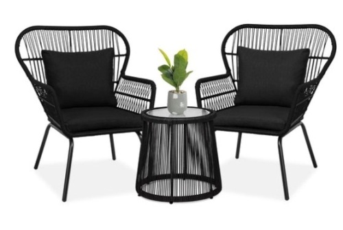 3-Piece Patio Wicker Conversation Bistro Set w/ 2 Chairs, Glass Top Table, Black - Lot 613
