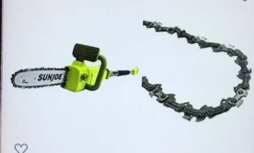 Sun Joe SWJ807E 10 inch 8.0 Amp Electric Convertible PoleChain Saw, Green & Sun Joe SWJ-10CHAIN 10" ReplacementSemi-Chisel Chain for SWJ803E/SWJ807E Pole Chain Saws, Like New, Retail - $86.97 - Lot 91