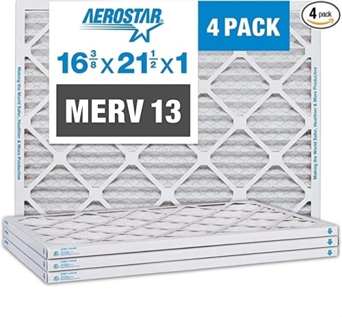 Aerostar 16 3/8x21 1/2x1 MERV 13 Pleated Air Filter, AC FurnaceAir Filter, 4 Pack (Actual Size: 16 3/8" x 21 1/2" x 3/4"), Like New, retail - $75.61 - Lot 149