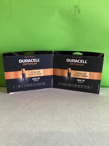 Duracell Optimum AAA Batteries | Lasting Power Triple A Battery |Alkaline AAA Battery Ideal for Household and Office Devices IResealable Package for Storage, 18 Count, LOT of 2, New, Retail - $17.55 - Lot 161