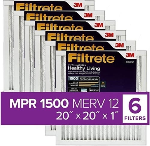 MPR 1500,AC Furnace Air Filter, Compatible with Filtrete 20x20x1,Healthy Living Ultra Allergen, 6- Pack (exact dimensions 19.69x 19.69 x 0.78)Like New, Retail - $66.99 - Lot 163