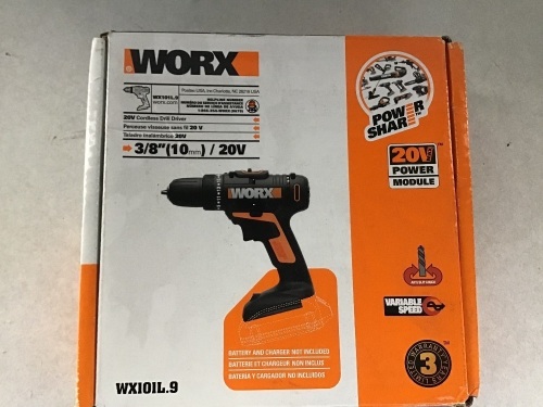 Worx, 20V, Cordless Drill Driver, 3/8", WX101L.9, Like New, Retail - $49.97 - Lot 177