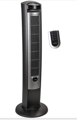 Lasko T42951 42 Inch 3-Speed Wind Curve Quiet SlimWidespread Oscillating Tower Fan with Remote Control, NighttimeSetting, and Timer, Silver, Like New, Retail - $114.99 - Lot 199